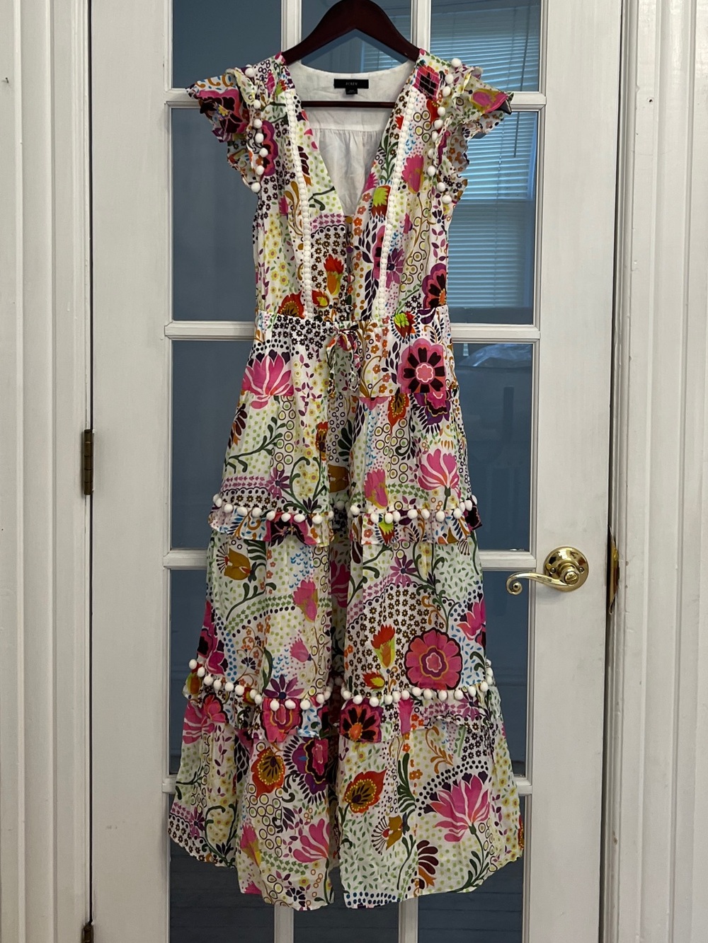 J.CREW Women’s Ratti Retro Floral Pom Pom Tiered Cotton Midi Dress Multicolor 00